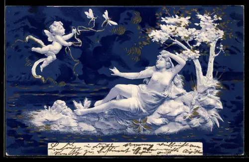 AK Nackte Dame blickt verträumt zum fliegenden Engel, Jugendstil