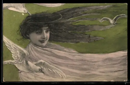 AK Porträt einer Dame mit weissen Vögeln, Jugendstil