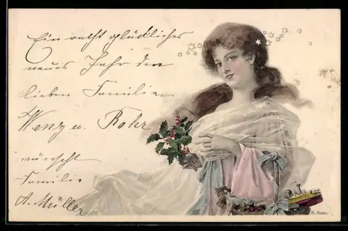 AK Elegante Dame mit Stechpalmenzweig