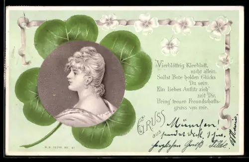AK Kleeblatt mit Frauenportrait
