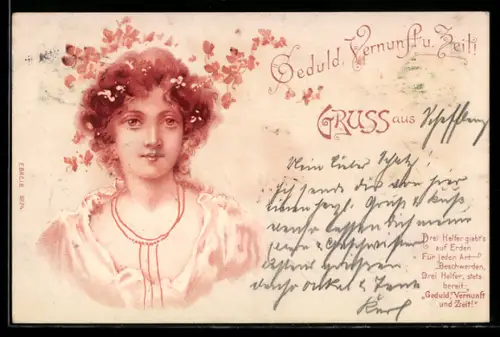 Lithographie Porträt einer Dame umgeben von Blumen, Jugendstil