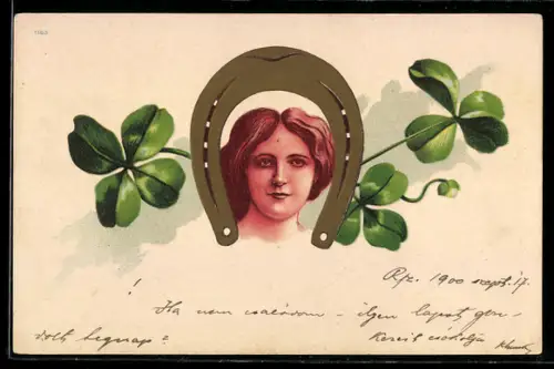 AK Kopf einer jungen Dame in einem Hufeisen mit Kleeblättern, Jugendstil