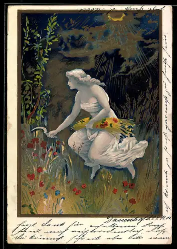 Künstler-Präge-Lithographie junge Dame mäht mit der Sichel Getreide, Jugendstil