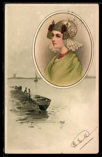 Künstler-AK Meissner & Buch (M&B) Nr. 1151: Jung Holland, holländische Landschaft mit Windmühle, Frau in Tracht