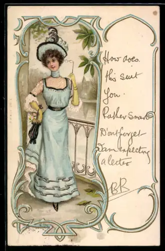 Lithographie Elegante Dame mit Brille, Jugendstil