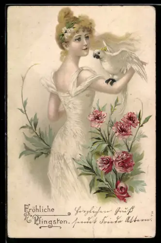 AK Dame mit weissem Papagei und Rosen, Jugendstil