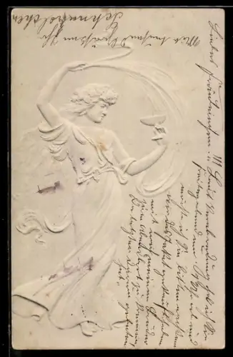 AK Figur in fliessendem Gewand mit Kelch, Jugendstil