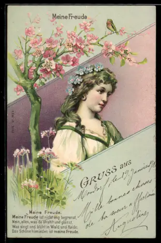 Glitzer-Perl-AK Mädchen mit Blumen im Haar