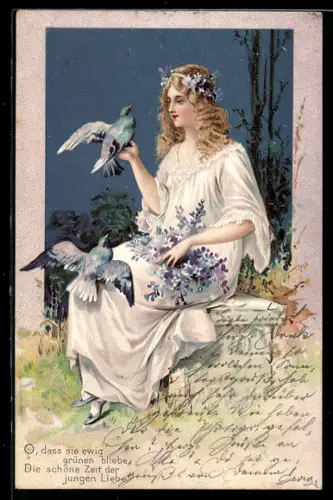 AK Herzlichen Glückwunsch zum Geburtstage, Frau mit zwei Vögeln und Blumen