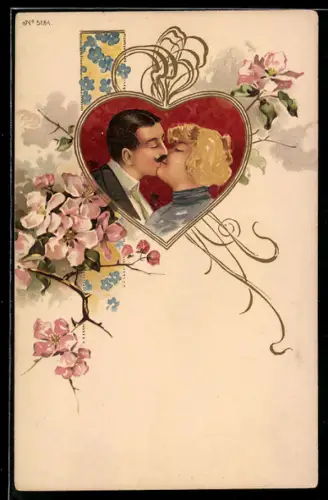 Lithographie Pärchen wünscht küssend Prosit Neujahr in herzförmigem Rahmen