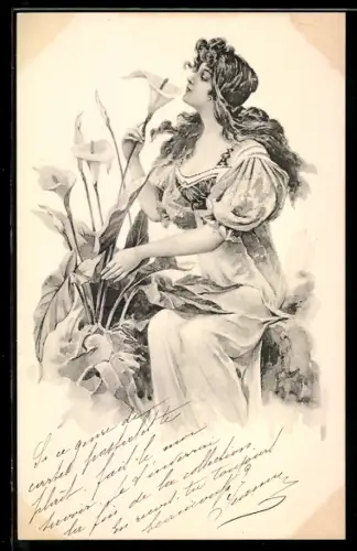 Lithographie Junge Dame riecht an einer Blume, Jugendstil