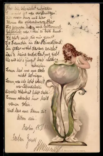 Lithographie Elegante Dame blick in den Kelch einer Blume, Jugendstil