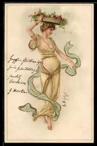 AK Junge Frau trägt Blumenkorb auf dem Kopf