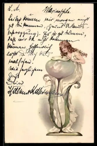Lithographie Dame in fliessendem Gewand blick in den Kelch einer Pflanze, Jugendstil