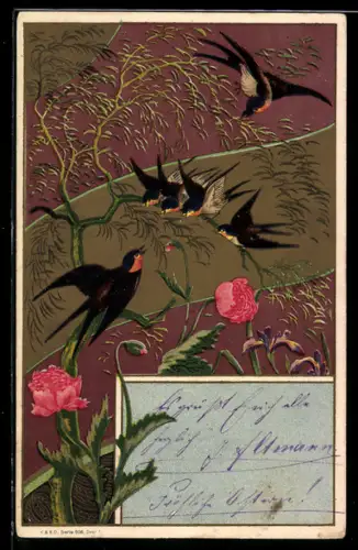 Lithographie Vögel sitzen auf einem Zweig, Blütenpracht, Jugendstil