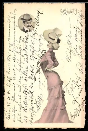 Lithographie Dame mit Luftballon mit dem Porträt eines Mannes, Jugendstil