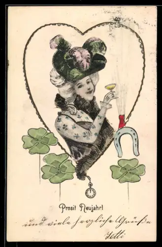 AK Neujahr, Kleeblatt, Hufeisen, Frau trinkt Sekt