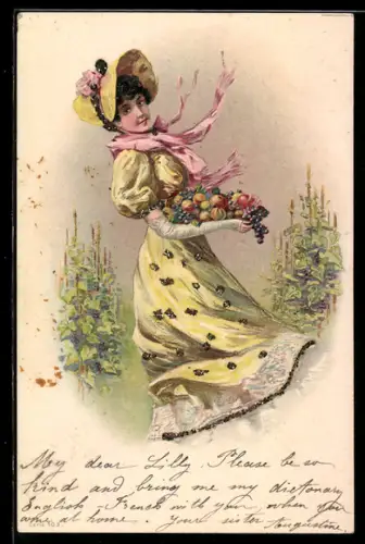 AK Jugendstil, Frau mit Hut und Obstschale