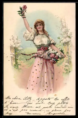 Lithographie Elegante Dame mit Rosen