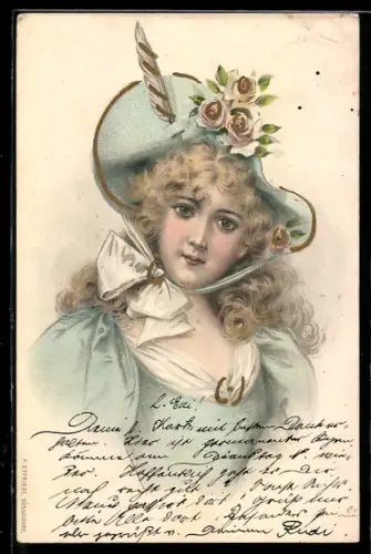 AK Junge Dame mit rosenbestücktem Hut