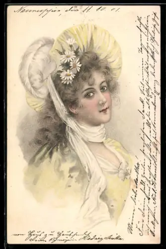 AK junge Frau mit gelbem Hut, Margeriten