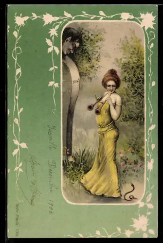 Lithographie Dame spielt Musik für eine Schlange, Jugendstil