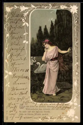 Lithographie Dame in rosafarbenen Kleid am Ufer, Schwäne auf dem See, Jugendstil