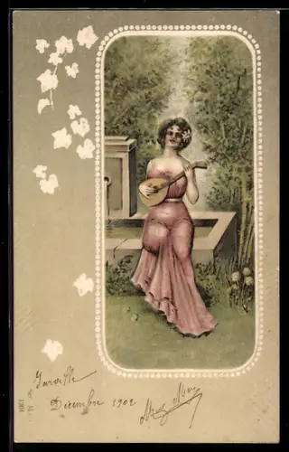 Lithographie Dame spielt Laute, Jugendstil