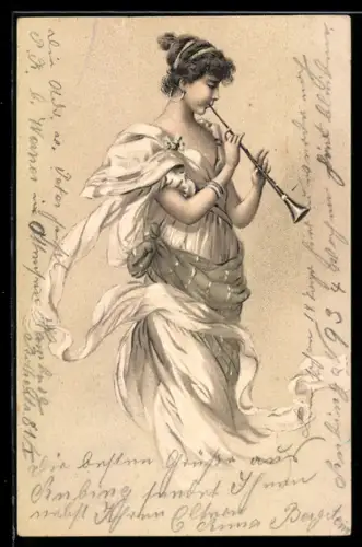 AK Frau im weissen Gewand spielt auf einer Trompete