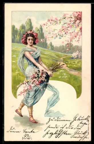 AK Junge Frau mit Blumenkranz im Haar pflückt die blühenden Zweige vom Baum, Jugendstil