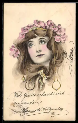 Künstler-AK M. Munk: bildschönes junge Frau mit elegantem Blumenhaarschmuck, Jugendstil