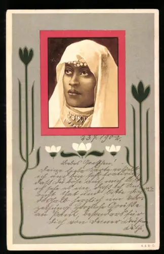 Lithographie Frauenportrait, Tracht, Florale Ornamente, Jugendstil