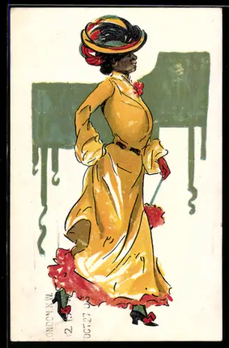 AK Elegante Dame mit Schirm und Hut, Jugendstil