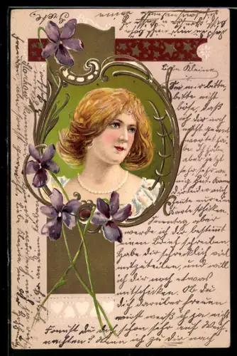 Lithographie Porträt einer jungen Dame mit Blumen, Jugendstil