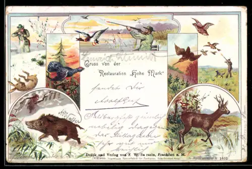 Lithographie Restaurant Hohe Mark, Jäger bei der Jagd auf diverse Tiere