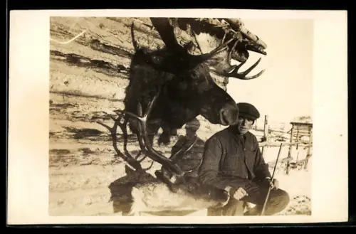 Foto-AK Jäger neben einem Elchkopf