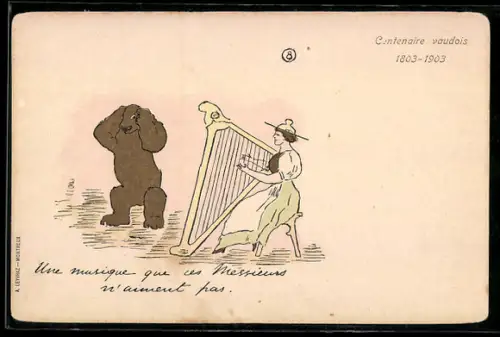 AK Frau spielt die Harfe und Bär hält sich die Ohren zu