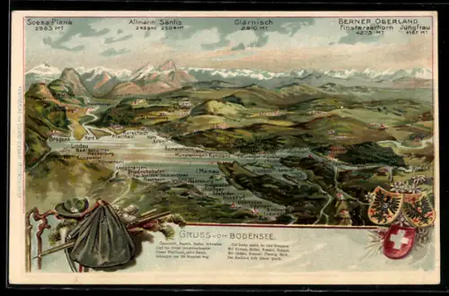 Künstler-AK Lindau / Bodensee, Panorama mit Alpen und umliegenden Orten, Wappen, Rucksack