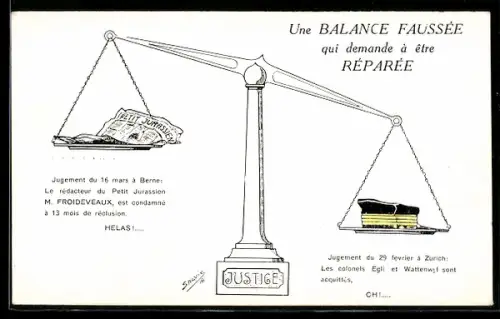 Künstler-AK Schweiz, Une Balance Faussée qui demande à être réparée, Waage mit Zeitung und Schirmmütze