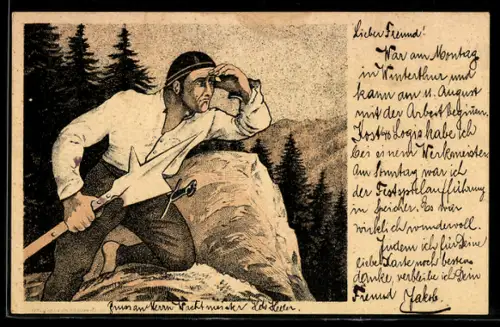 AK Schweiz, Mann mit Hellebarde sieht ins Tal