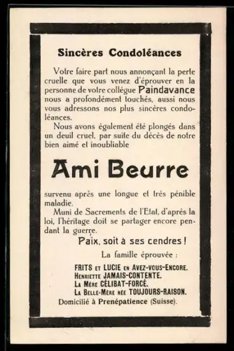 AK Schweiz, Satirische Todesanzeige für Ami Beurre, Buttermangel