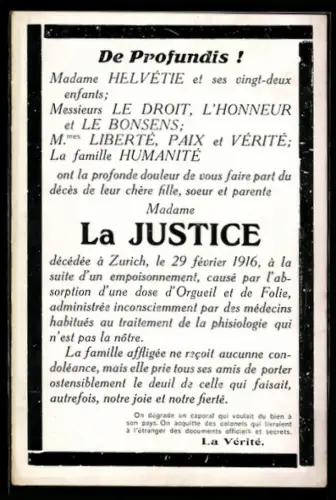 AK Schweiz, Satirische Todesanzeige für Gerechtigkeit