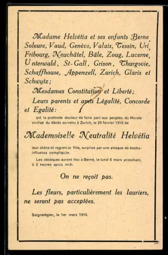AK Schweiz, Satirische Todesanzeuge zum Tod der Neutralität