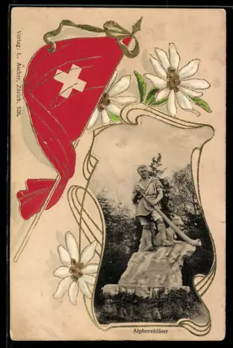 AK Schweiz, Alphornbläser neben einer Ziege mit schweizer Flagge und Edelweiss im Passepartout