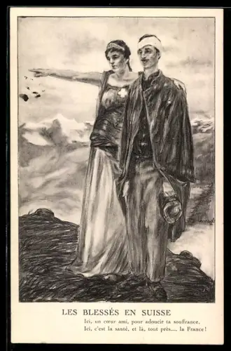 Künstler-AK Mythologische Figur mit rotem Kreuz und verwundeter Soldat, Rotes Kreuz