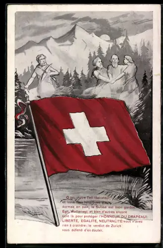 AK Schweiz, Wilhelm Tell vor Gebirgspanorama mit schweizer Flagge