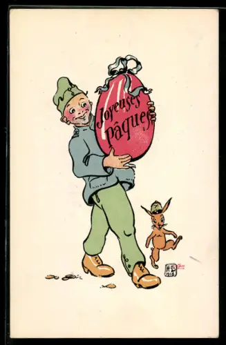 AK Kleiner schweizer Soldat mit grossem Osterei und Osterhasen