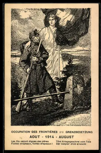 AK Schweizer Soldat am Grenzstein, Grenzbesetzung 1914