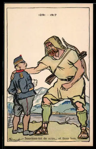 AK Schweizer Soldat steht vor Wilhelm Tell mit Armbrust