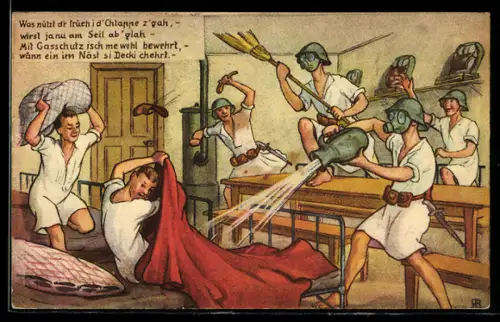 AK Schweizer Soldaten mit Gasmasken haben Spass auf der Stube
